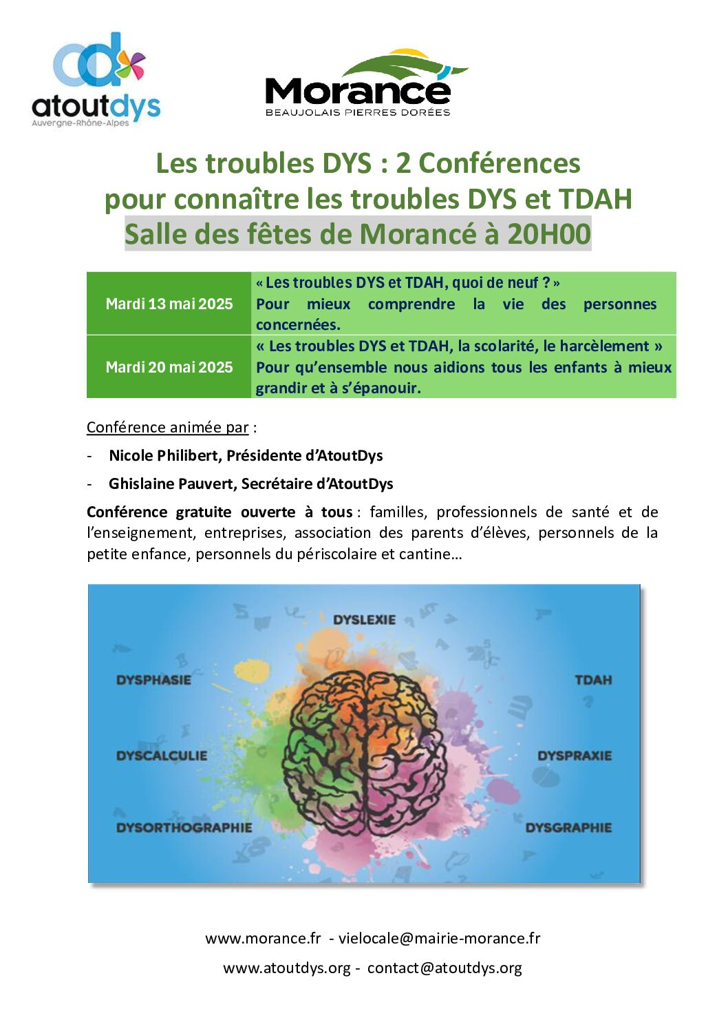 Les troubles DYS : 2 conférences pour connaître les troubles DYS et TDAH - Mardi 13 et 20 mai à 20h à la salles des fêtes